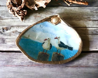 Seagulls by the Shore Decoupage Clam Shell Trinket Dish with Genuine Pearl & Gold Leaf Edges