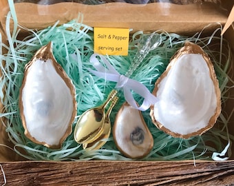 Gilded oyster shell salt and pepper set / spice cellar pinch pots / shell cruets / coastal decor / anniversary gift