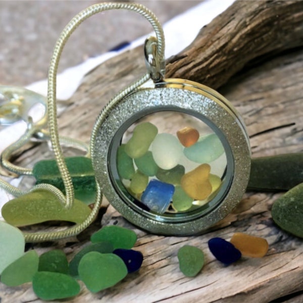 SEA GLASS LOCKET / Genuine Sea Glass Filled Pendant Necklace / Mermaid / Beachcomber Gift / Gift Boxed