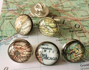 Custom MAP TIE TACK / Personalized Map Tie Tack / Groomsmen Gift / You Pick Location / Vintage Map Lapel Pin / Stocking stuffer / gift box