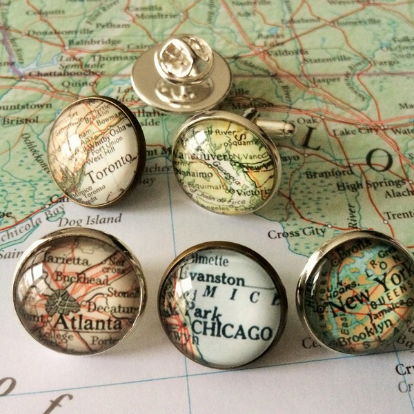 Custom MAP TIE TACK / Personalized Map Tie Tack / Groomsmen Gift / You Pick Location / Vintage Map Lapel Pin / Stocking stuffer / gift box