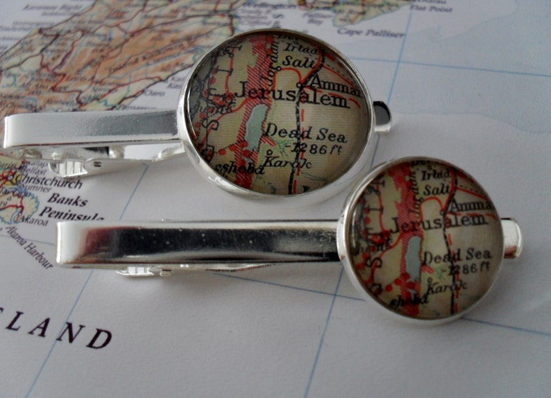 JERUSALEM MAP Silver Tie Bar Groomsmen Gift Gift for Him Anniversary 2 Sizes Tie Clip Tie Clasp Tie Slide Gift boxed