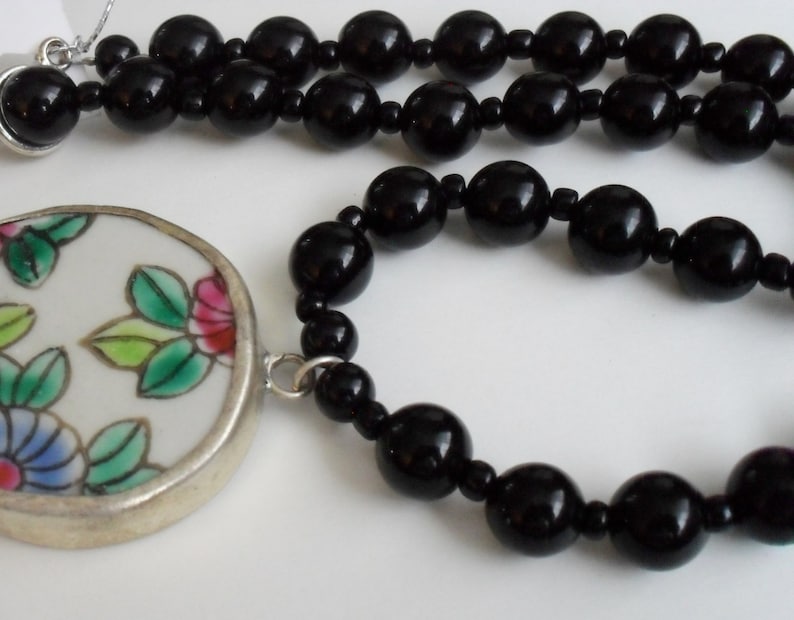 Ming Dynasty Antique Pastel Floral POTTERY SHARD PENDANT Beaded Necklace Black Onyx Beads Ceramic Pendant Gift Boxed Unique