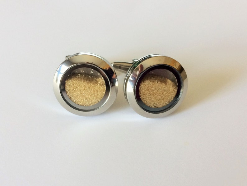 SAND FILLED CUFFLINKS / Destination Wedding Cuff Links / Beach Wedding / Groomsmen Gift / Memory cufflinks / Keepsake / Momento / Gift boxed image 1