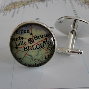 BELGIQUE BRUXELLES Carte BOUTONS DE MANCHETTE / Fête des Pères / Cadeau de groomsmen / Cadeau unique pour lui / Boutons de manchette Belgique / bijoux de carte / Argent / Cadeau en boîte