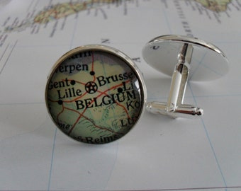 BELGIUM BRUSSELS  Map CUFFLINKS / Father's Day / Groomsmen Gift / Unique Gift for Him / Belgium cufflinks / map jewelry / Silver/ Gift boxed