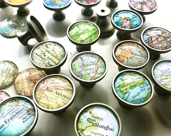 Custom MAP CABINET KNOB / Map Drawer Pull / Glass domed nickel, bronze or gold finish map knobs / any Location / personalized city