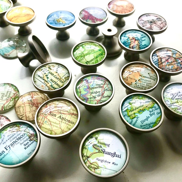 Custom MAP CABINET KNOB / Map Drawer Pull / Glass domed nickel, bronze or gold finish map knobs / any Location / personalized city