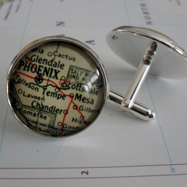 PHOENIX ARIZONA Map Silver Cufflinks / Map Cuff Links / personalized groomsmen gift / map jewelry / Phoenix Map / Gift Boxed