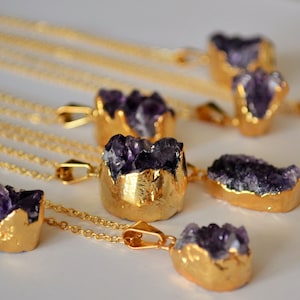 Gold Dipped RAW AMETHYST DRUZY Pendant / Raw Amethyst Necklace / Choose Your Stone / Amethyst Druzy Geode / February Birthstone / Gift Boxed