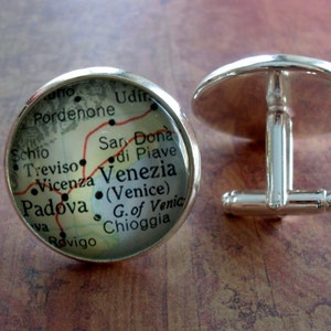 VENICE ITALIE Carte Boutons de manchette en argent / Boutons de manchette Venise / Cadeau Groomsmen / Cadeau pour lui / Mariage / Carte Bijoux / Carte personnalisée / Cadeau En boîte