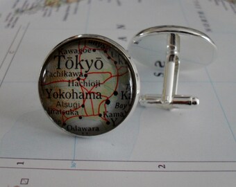TOKYO Japan Map CUFF LINKS / Father's Day / Tokyo cufflinks / Groomsmen Gift / Personalized Gift for Him / map jewelry / Gift Boxed