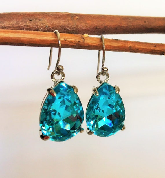 TURQUOISE RHINESTONE Drop EARRINGS Faceted Glass Silver