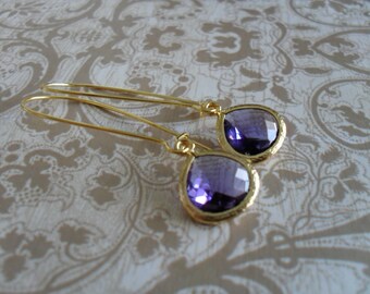 TANZANITE PURPLE Glass Drop EARRINGS / Faceted Glass / Gold / Framed Glass / Dangle / Bridesmaid Earrings / Simple Purple Earrings