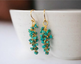 TURQUOISE beaded cluster Earrings / Raw Stone Jewelry / Gemstone Chip Stone Earrings / December Birthstone / Gold / Gift Boxed