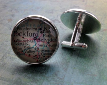 ROCKFORD ILLINOIS Map Cufflinks / Father's Day / groomsmen gift  / Personalized Gift for him / Silver Map cuff links / gift boxed