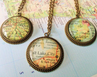 Custom MAP PENDANT Necklace / Unique Gift  / You Pick The Location / Vintage map / Antique Bronze / Map jewelry / Gift boxed / Personalized