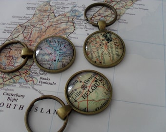 Custom MAP KEYCHAIN / Custom  vintage map key chain /  You Pick the Location / Personalized Gift / Stocking Stuffer / Gift Boxed