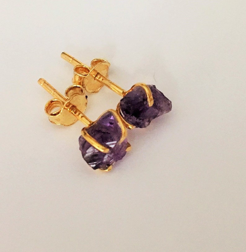 Raw AMETHYST Stud Earrings 18K over sterling silver rough stone studs purple stone earrings February birthstone gift boxed