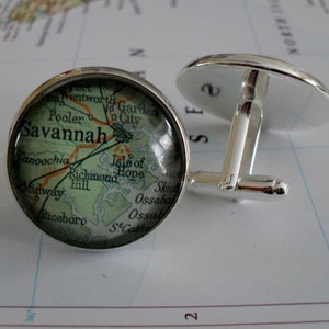 BOUTONS DE MANCHETTE carte SAVANNAH / Boutons de manchette Géorgie / Boutons de manchette carte / Cadeau personnalisé / Cadeau garçon d'honneur / Anniversaire / Cadeau pour lui / Coffret cadeau