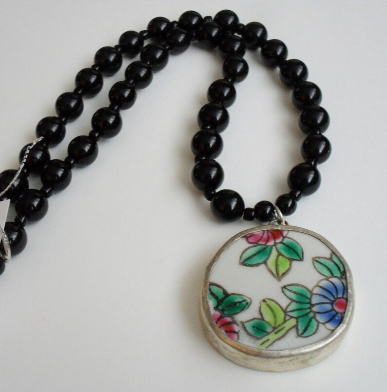 Ming Dynasty Antique Pastel Floral POTTERY SHARD PENDANT Beaded Necklace Black Onyx Beads Ceramic Pendant Gift Boxed Unique