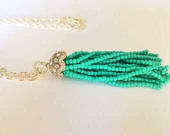Turquoise Seed Bead & Rhinestone TASSEL NECKLACE / Silver / Fidget Jewelry / Trendy Necklace / Gift Boxed