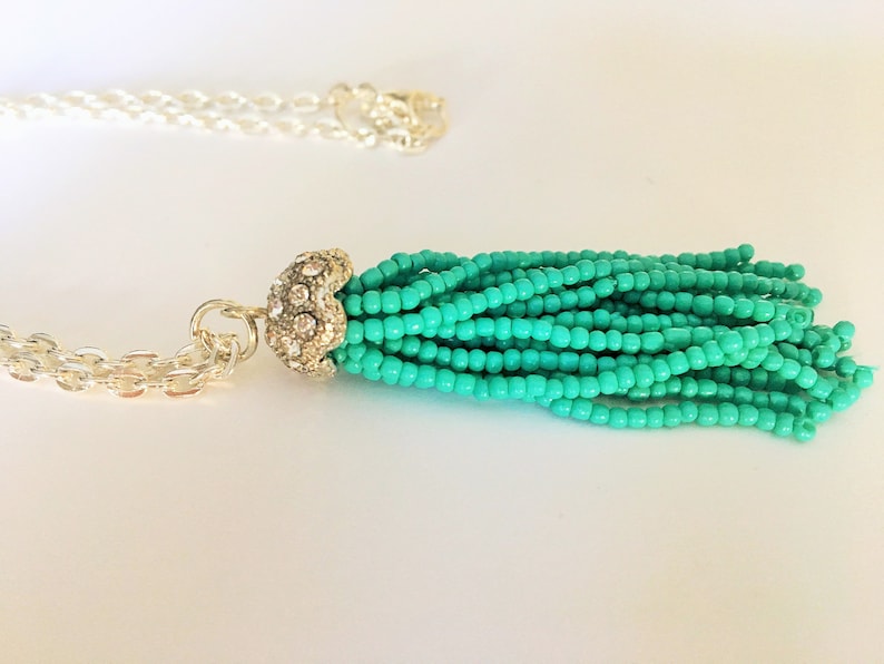 Turquoise Seed Bead /& Rhinestone TASSEL NECKLACE Silver Fidget Jewelry Trendy Necklace Gift Boxed