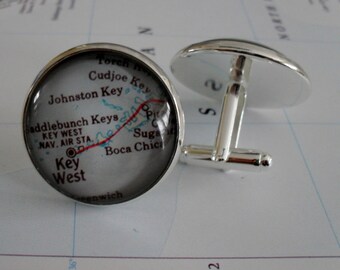 KEY WEST FLORIDA Map Silver Cufflinks / Father's Day / Groomsmen Gift / Gift for Him / Wedding / Map jewelry / Cool Cuff Links / gift boxed