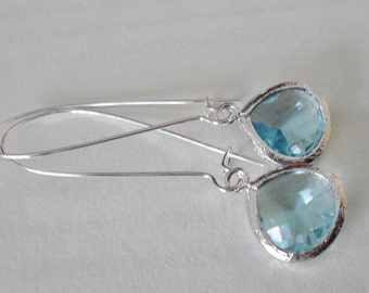AQUAMARINE Drop EARRINGS // Faceted Glass // Silver // Dangle // Bridesmaid Earrings // Bridal // Simple // Gift Boxed
