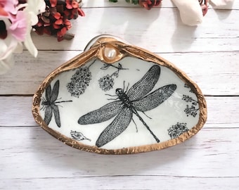 Decoupage Clam Shell Trinket Dish with Genuine Pearl / Dragonfly design / gift boxed