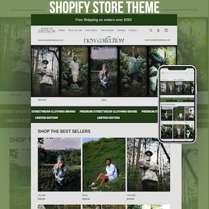 Könnte beinhalten: Ein Website-Design für einen Shopify-Shop, das Streetwear-Kleidung präsentiert. Die Seite hat ein grün-weißes Farbschema mit Bildern von Kleidung und einem Mobiltelefon, das das Layout der Seite anzeigt. Der Text enthält "Shop the sale" und "New collection."
