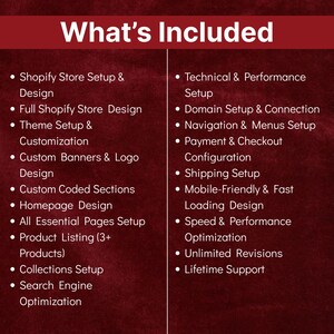 May include: A maroon graphic with white text that reads "What's Included." Below the title are two columns of bullet points detailing services such as Shopify store setup, design, customization, and optimization.