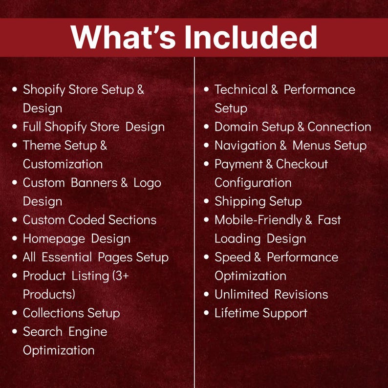 May include: A maroon graphic with white text that reads "What's Included." Below the title are two columns of bullet points detailing services such as Shopify store setup, design, customization, and optimization.