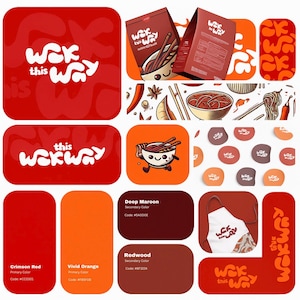 Puede incluir: Un collage vibrante con imágenes relacionadas con la comida y muestras de color. El tema central es "Wok This Way", con el logotipo en envases, un delantal y otros elementos. Los colores incluyen rojo carmesí, naranja vivo, marrón oscuro y secuoya.
