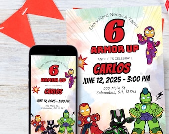 Iron Kid y sus amigos / Invitación de cumpleaños de superhéroe / Fiesta infantil para niños o niñas / Estilo cómic / Plantilla Canva de descarga digital sp001