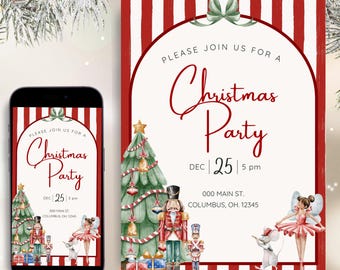 May include: A Christmas party invitation with a red and white striped border. The invitation features the text "Please join us for a Christmas Party" and the date "Dec 25, 5 pm". The design includes a Christmas tree, nutcrackers, and a fairy.