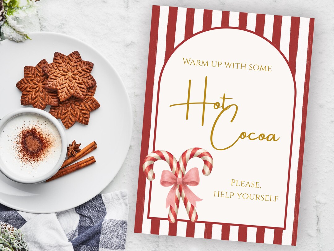Hot Cocoa Bar Sign: Candy Cane Red Striped Watercolor Holiday Gathering ...