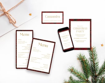 Plaid Christmas Dinner Menu Set, Tartan Holiday Table Templates