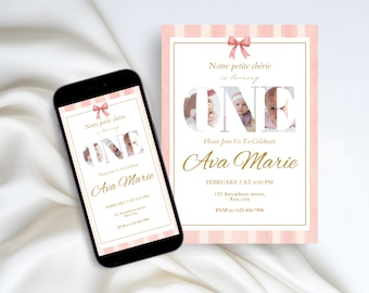 Photo First Birthday Invitation: Water Color Pink stripe French Inspired Girl 1st Birthday Invite, Canva Editable Printable Mobile fb003