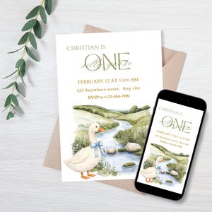 May include: A birthday invitation featuring a watercolour illustration of a goose by a stream. The invitation reads "Christian is One" with event details. A smartphone displays the same design. Green foliage and a kraft paper envelope are also present.