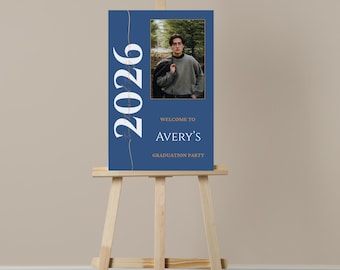 Graduation Party Welcome Sign: Deep Blue Classic Graduation Celebration Signage with Photo Class of 2026 GRAD1