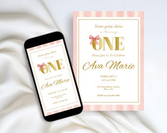First Birthday Invitation: Water Color Pink stripe French Inspired Girl 1st Birthday Invite, Canva Editable Printable Mobile fb003
