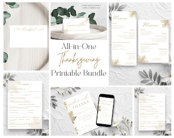 May include: A printable Thanksgiving bundle featuring white cards with gold text and autumn leaf illustrations. The set includes menu cards, place cards, and activity sheets with text such as I AM THANKFUL FOR, Menu, and Gather with THANKS.