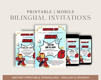 Zaproszenie urodzinowe Iron Kid, Superbohater i jego przyjaciele | Dwujęzyczne przyjęcie z superbohaterami, do druku i na urządzenia mobilne (pobranie cyfrowe)