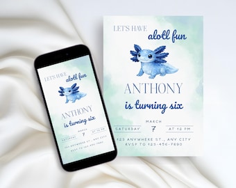 Axolotl Birthday Invitation: Boy Themed Blue Axolotl Party Invite, Editable and Printable Canva Template ab001