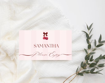 Cherry First Place Cards: Pink Stripes Red Cherries First Birthday Party Decor Name Card CHERRY