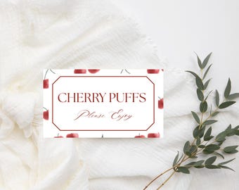 Cherry First Buffet Place Cards: Water Color Red Cherries First Birthday Party Decor Food Card CHERRY