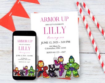 Iron Kid y sus amigos / Invitación de cumpleaños de superhéroes / Fiesta infantil para niños o niñas / Estilo cómic / Plantilla digital de Canva sp001