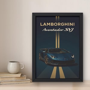 May include: Framed print featuring a teal Lamborghini Aventador SVJ against a dark blue background with gold stripes. The car is centered, with the text "Lamborghini Aventador SVJ" in gold and white above it. The print is in a black frame.
