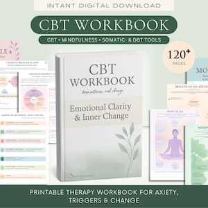 Puede incluir: Un cuaderno de trabajo de TCC con el título "CBT Workbook" y el subtítulo "Emotional Clarity & Inner Change". La portada es blanca con detalles en verde y gris. La imagen también muestra varias páginas con diagramas y el texto "120+ Pages."